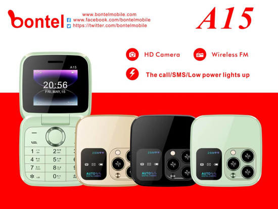 Image sur A15 BONTEL - petit téléphone portable pliable - Dual Sim - 1.77'' - Camera arrière - MP4 - FLIP MOBILE - TORCHE